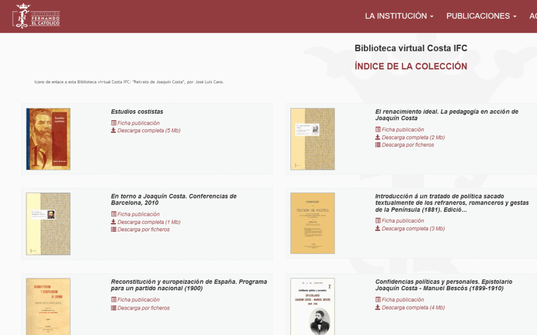 La Institución Fernando el Católico de la Diputación de Zaragoza divulga el pensamiento de Joaquín Costa con 13 obras descargables en su biblioteca virtual