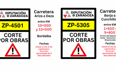 Cortadas al tráfico por obras a partir de mañana lunes las carreteras ZP-4501 de Ariza a Deza y la ZP-5305 de Borja a Cunchillos