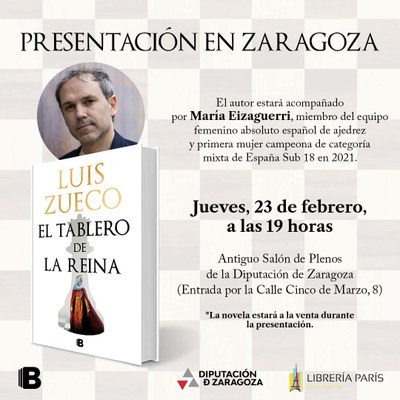 La Diputación de Zaragoza acoge este jueves la presentación de ‘El tablero de la reina’, la nueva novela de Luis Zueco